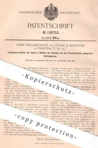 original Patent - John William Davis , Frank E. Dopheide , Palmyra USA , 1901 , Flaschenverschluss | Verschluss Flasche