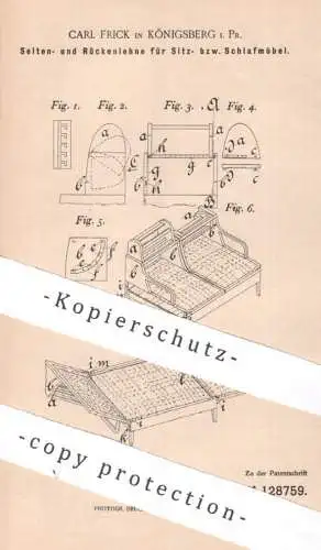 original Patent - Carl Frick , Königsberg Preussen | 1900 | Seiten- u. Rückenlehne für Möbel | Sofa Stuhl Sessel Couch