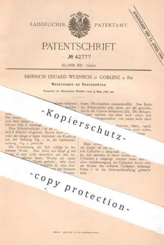 original Patent - Heinrich Eduard Wuensch , Koblenz / Rh. | 1887 | Sonnenuhr | Uhr Uhren , Uhrwerk , Zylinder , Senkblei