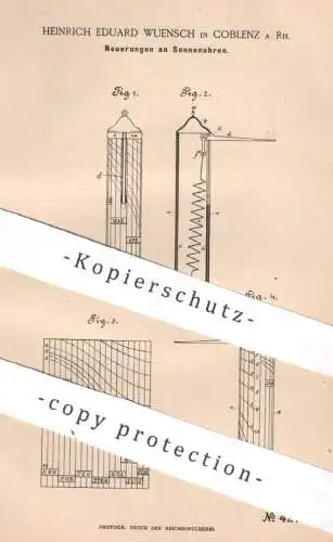 original Patent - Heinrich Eduard Wuensch , Koblenz / Rh. | 1887 | Sonnenuhr | Uhr Uhren , Uhrwerk , Zylinder , Senkblei