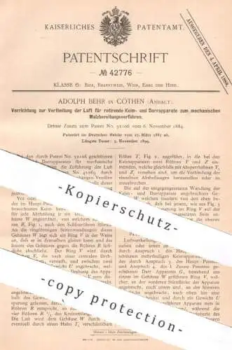 original Patent - Adolph Behr , Köthen / Anhalt , 1887 | Luftverteilung am Keim- u. Darrapparat | Malz , Darre , Gebläse