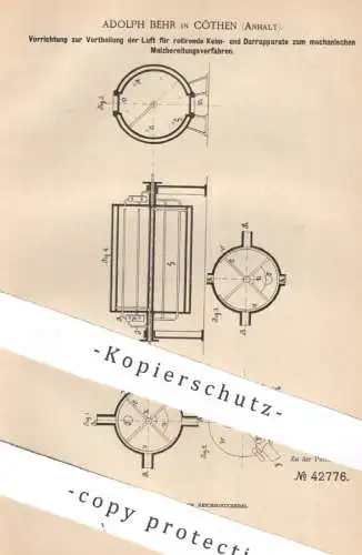 original Patent - Adolph Behr , Köthen / Anhalt , 1887 | Luftverteilung am Keim- u. Darrapparat | Malz , Darre , Gebläse