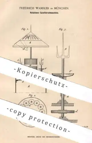 original Patent - Friedrich Wamsler , München , 1887 , Rotations- Spießbratmaschine | Bratspieß , Grill Spieß , Grillen