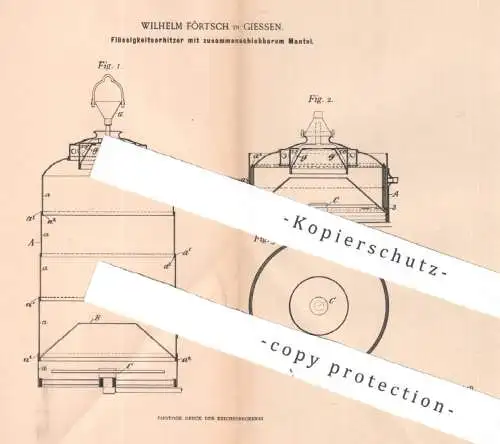 original Patent - Wilhelm Förtsch , Giessen , 1898 , Flüssigkeitserhitzer | Heizung , Kessel , Ofen , Badeofen