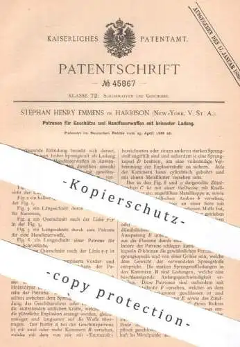 original Patent - Stephan Henry Emmens , Harrison , New York USA , 1888 , Patronen für Geschütz & Handfeuerwaffe | Waffe