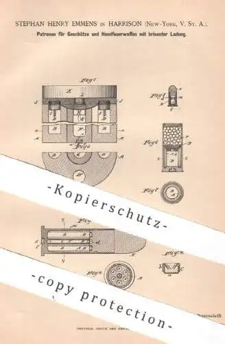 original Patent - Stephan Henry Emmens , Harrison , New York USA , 1888 , Patronen für Geschütz & Handfeuerwaffe | Waffe