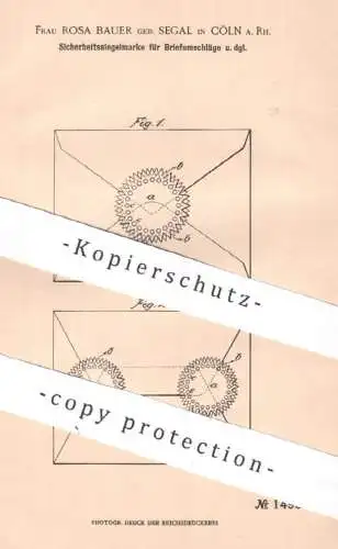 original Patent - Rosa Bauer geb. Segal , Köln / Rhein | 1903 | Sicherheitssiegelmarke für Briefumschlag | Siegel Kuvert