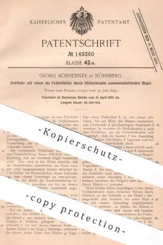 original Patent - Georg Schoenner , Nürnberg , 1903 , Ziehfeder mit Stellschraube | Feder , Schreibfeder , Schreiben