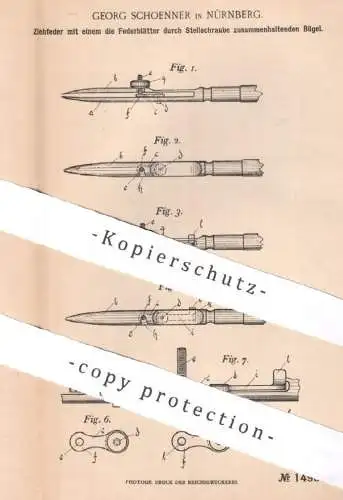 original Patent - Georg Schoenner , Nürnberg , 1903 , Ziehfeder mit Stellschraube | Feder , Schreibfeder , Schreiben