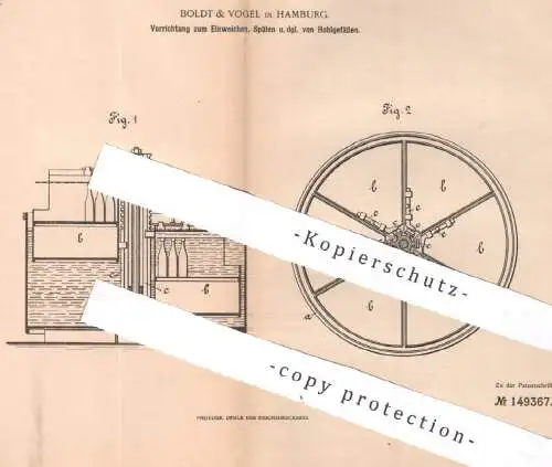 original Patent - Boldt & Vogel , Hamburg , 1903 , Vorrichtung zum Einweichen , Spülen von Flaschen , Gefäße | Flasche