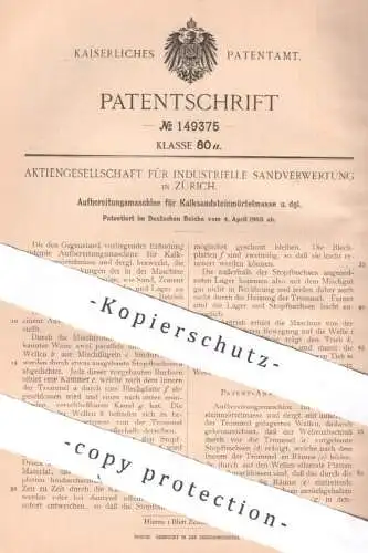 original Patent - AG für industrielle Sandverwertung , Zürich , Schweiz | 1903 | Aufbereitung für Kalksandstein - Mörtel