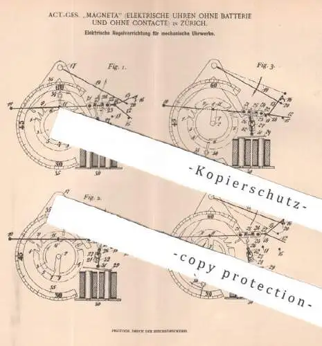 original Patent - AG Magneta / Elektrische Uhren ohne Batterie und ohne Contacte , Zürich Schweiz | 1903 | Uhrwerk , Uhr