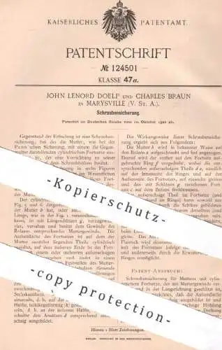 original Patent - ohn Lenord Doelp , Charles Braun , Marysville , USA , 1900 , Schraubensicherung | Schraube , Gewinde