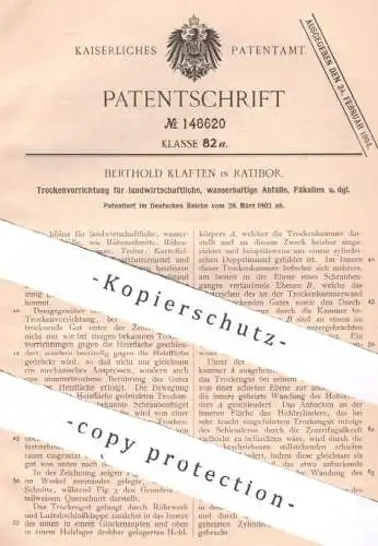 original Patent - Berthold Klaften , Ratibor , Polen 1902 , Trockenvorrichtung für Abfall , Fäkalien , Rüben , Kartoffel