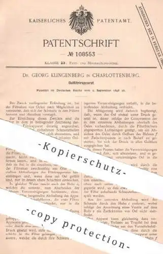 original Patent - Dr. Georg Klingenberg , Berlin / Charlottenburg , 1998 , Ölfiltrierapparat | Öl filtrieren | Filter !