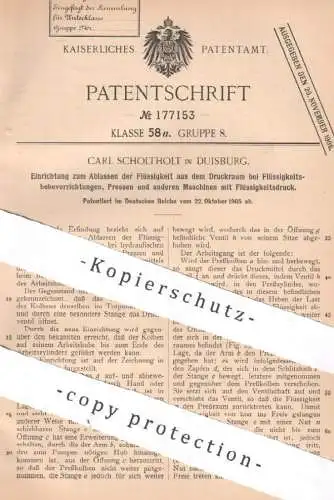 original Patent - Carl Scholtholt , Duisburg 1905 , Ablassen von Flüssigkeit aus Druckraum | Presse , Hydraulik , Aufzug