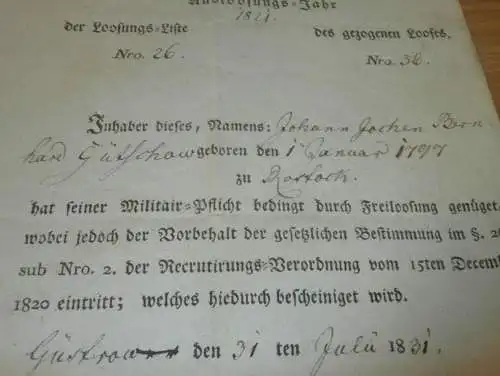 Militär Freilassungsschein Güstrow 1831 , J.B. Gütschow in Rostock i. Mecklenburg , Einberufung , Entlassung , Armee !!!