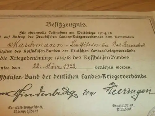 Besitzzeugnis - Kyffhäuser-Bund 1922 , Kamerad Maschmann in Lentföhrden b. Bad Bramstedt , Bad Segeberg !!!