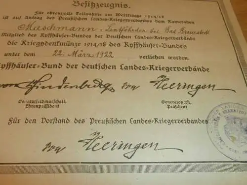 Besitzzeugnis - Kyffhäuser-Bund 1922 , Kamerad Maschmann in Lentföhrden b. Bad Bramstedt , Bad Segeberg !!!