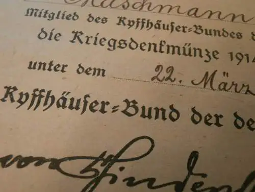 Besitzzeugnis - Kyffhäuser-Bund 1922 , Kamerad Maschmann in Lentföhrden b. Bad Bramstedt , Bad Segeberg !!!