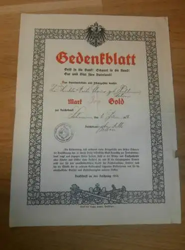 Urkunde / Gedenkblatt 1916 , 300 Goldmark , Frau Direktor Marta Claus geb. Puhlmann in Bad Doberan i. Mecklenburg !!!