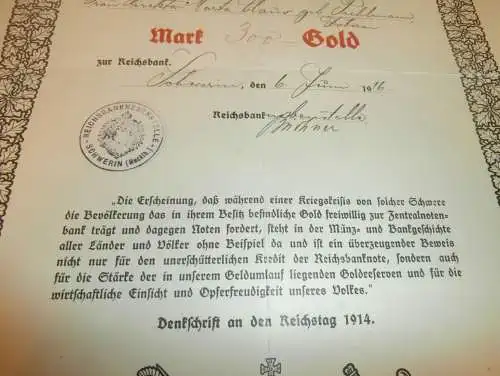 Urkunde / Gedenkblatt 1916 , 300 Goldmark , Frau Direktor Marta Claus geb. Puhlmann in Bad Doberan i. Mecklenburg !!!