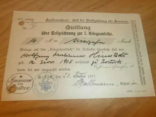 Quittung zur 7. Kriegsanleihe , W. Himstedt in Rostock i. Mecklenburg 1917 , Sparkasse , Anleihe !!