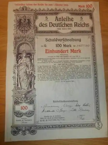 Kriegsanleihe - Schuldverschreibung , Einhundert Mark , Deutsches Reich 1915 , Anleihe !!