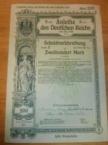 Kriegsanleihe - Schuldverschreibung , Zweihundert Mark , Deutsches Reich 1918 , Anleihe !!