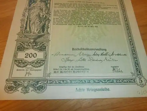 Kriegsanleihe - Schuldverschreibung , Zweihundert Mark , Deutsches Reich 1918 , Anleihe !!