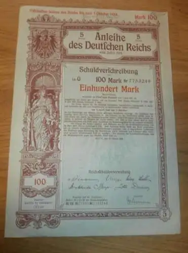 Kriegsanleihe - Schuldverschreibung , Einhundert Mark , Deutsches Reich 1916 , Anleihe !!