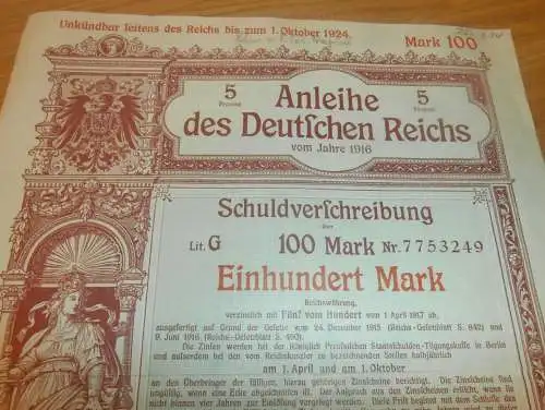 Kriegsanleihe - Schuldverschreibung , Einhundert Mark , Deutsches Reich 1916 , Anleihe !!