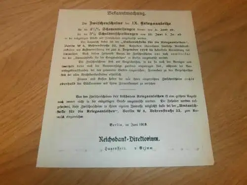 Bekanntmachung zur Kriegsanleihe 1919 , Anleihe , Reichsbank , Schuldverschreibung / Schatzanweisung !!