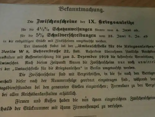 Bekanntmachung zur Kriegsanleihe 1919 , Anleihe , Reichsbank , Schuldverschreibung / Schatzanweisung !!