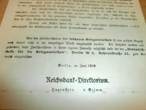 Bekanntmachung zur Kriegsanleihe 1919 , Anleihe , Reichsbank , Schuldverschreibung / Schatzanweisung !!