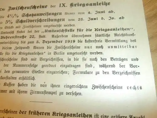 Bekanntmachung zur Kriegsanleihe 1919 , Anleihe , Reichsbank , Schuldverschreibung / Schatzanweisung !!