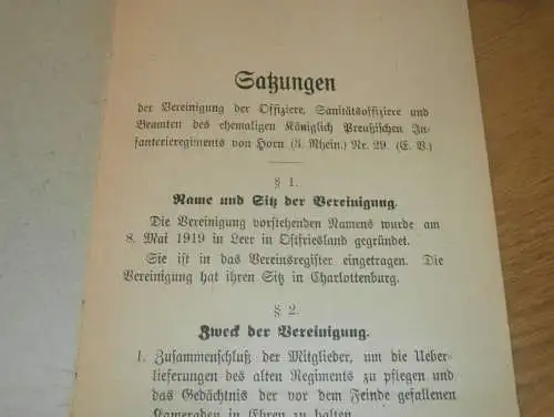 Königlich Preußisches Infanterieregiment von Horn / 3. Rhein , Satzung von 1921 , Leer / Ostfriesland , extrem selten !