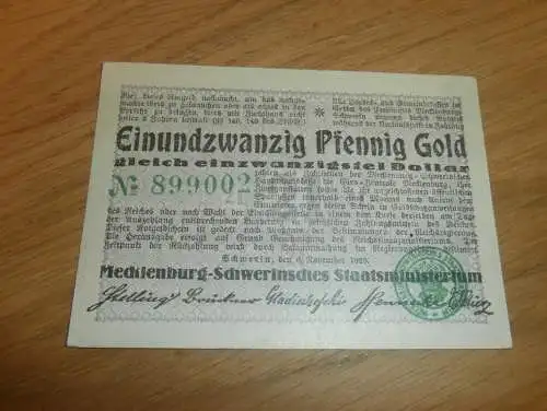 Notgeld Mecklenburg - Schwerin , 1923 , einundzwanzig Pfennig Gold , Geld !!