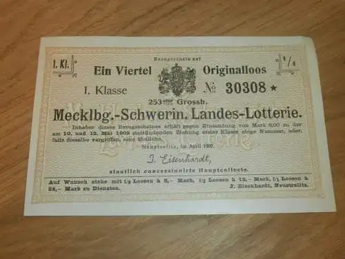 Lotterie Mecklenburg - Schwerin , Neustrelitz 1902 , Ein-Viertellos , Landeslotterie !!