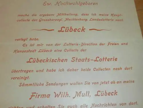 Reklame - Wilhelm Mull in Lübeck , Staatslotterie , Lotterie Haupt-Collecteur  !!