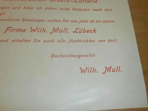 Reklame - Wilhelm Mull in Lübeck , Staatslotterie , Lotterie Haupt-Collecteur  !!