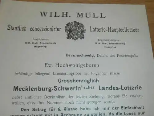 Wilhelm Mull , Landeslotterie Mecklenburg - Schwerin 1899 , Lotterie Haupt-Collecteur  !!