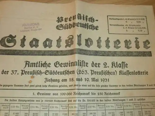 Preußisch - Süddeutsche Staatslotterie , 1931 , Gewinnliste Lotterie , Prospekt  !!