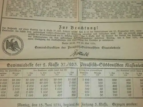 Preußisch - Süddeutsche Staatslotterie , 1931 , Gewinnliste Lotterie , Prospekt  !!