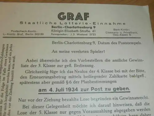 GRAF - Lotterie 1934 , Berlin - Charlottenburg , Reklame  / Werbung !!