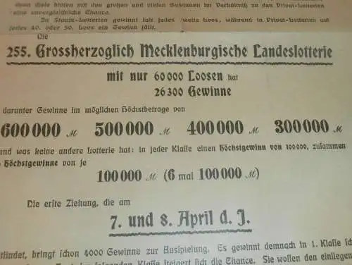 Großherzogliche Mecklenburg - Schwerinsche Landes - Lotterie 1901-1902 , Carl Heintze, Lose und Gewinne , Prospekt  !!