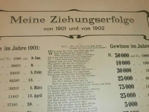 Großherzogliche Mecklenburg - Schwerinsche Landes - Lotterie 1901-1902 , Carl Heintze, Lose und Gewinne , Prospekt  !!