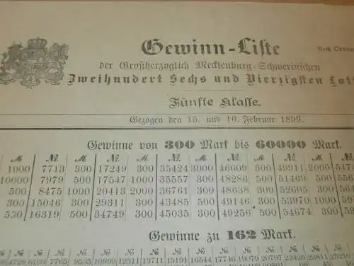 Großherzogliche Mecklenburg - Schwerinsche Landes - Lotterie 1899 , Gewinnliste , Lose und Gewinne , Prospekt  !!