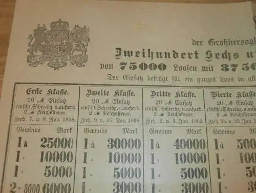 Großherzogliche Mecklenburg - Schwerin Landes - Lotterie 1898 , Plan , Lose und Gewinne , Prospekt  !!