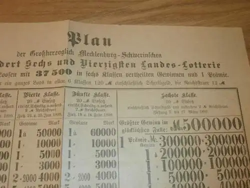 Großherzogliche Mecklenburg - Schwerin Landes - Lotterie 1898 , Plan , Lose und Gewinne , Prospekt  !!